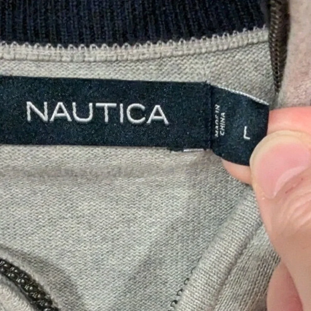 Nautica Men's L Gray Striped‎ Quarter Zip Pullover Sweater Logo Preppy Classic